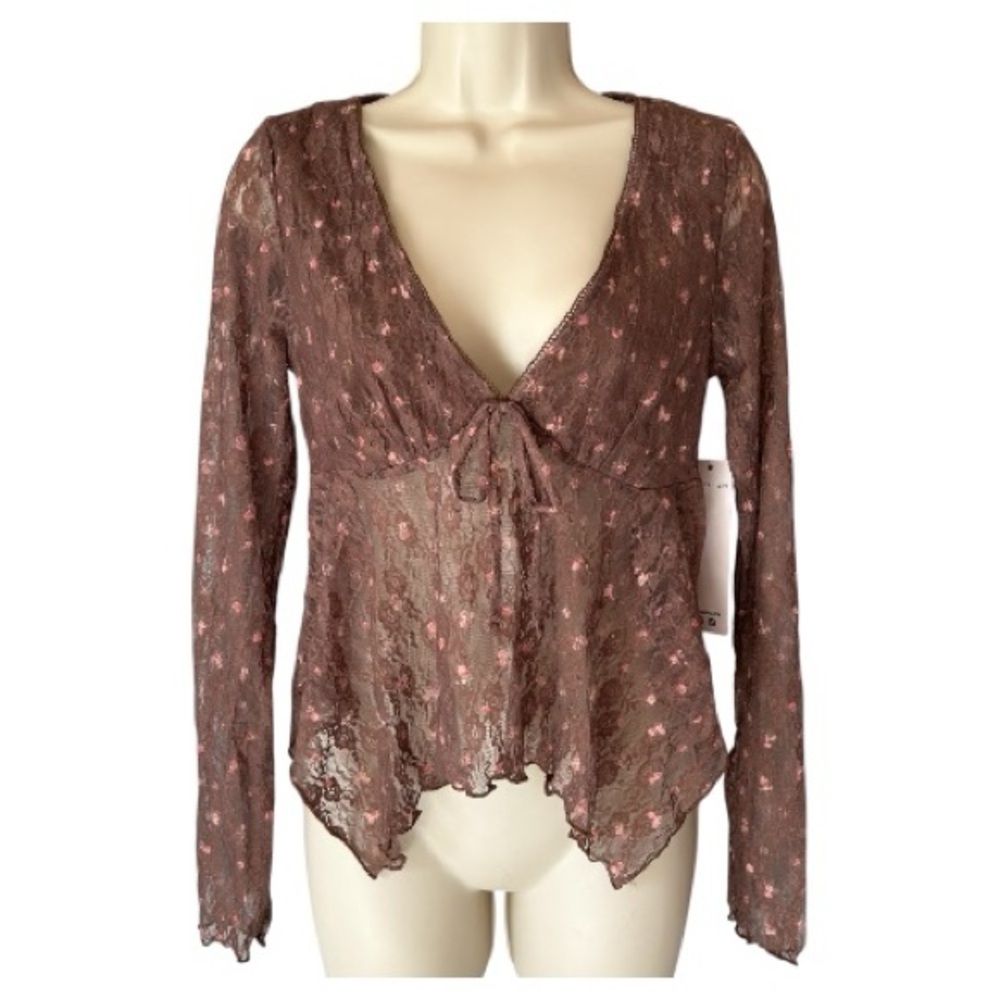 NWT Madden Girl Floral Lace Top Brown Pink Long Sleeve Handkerchief Hem Fairy